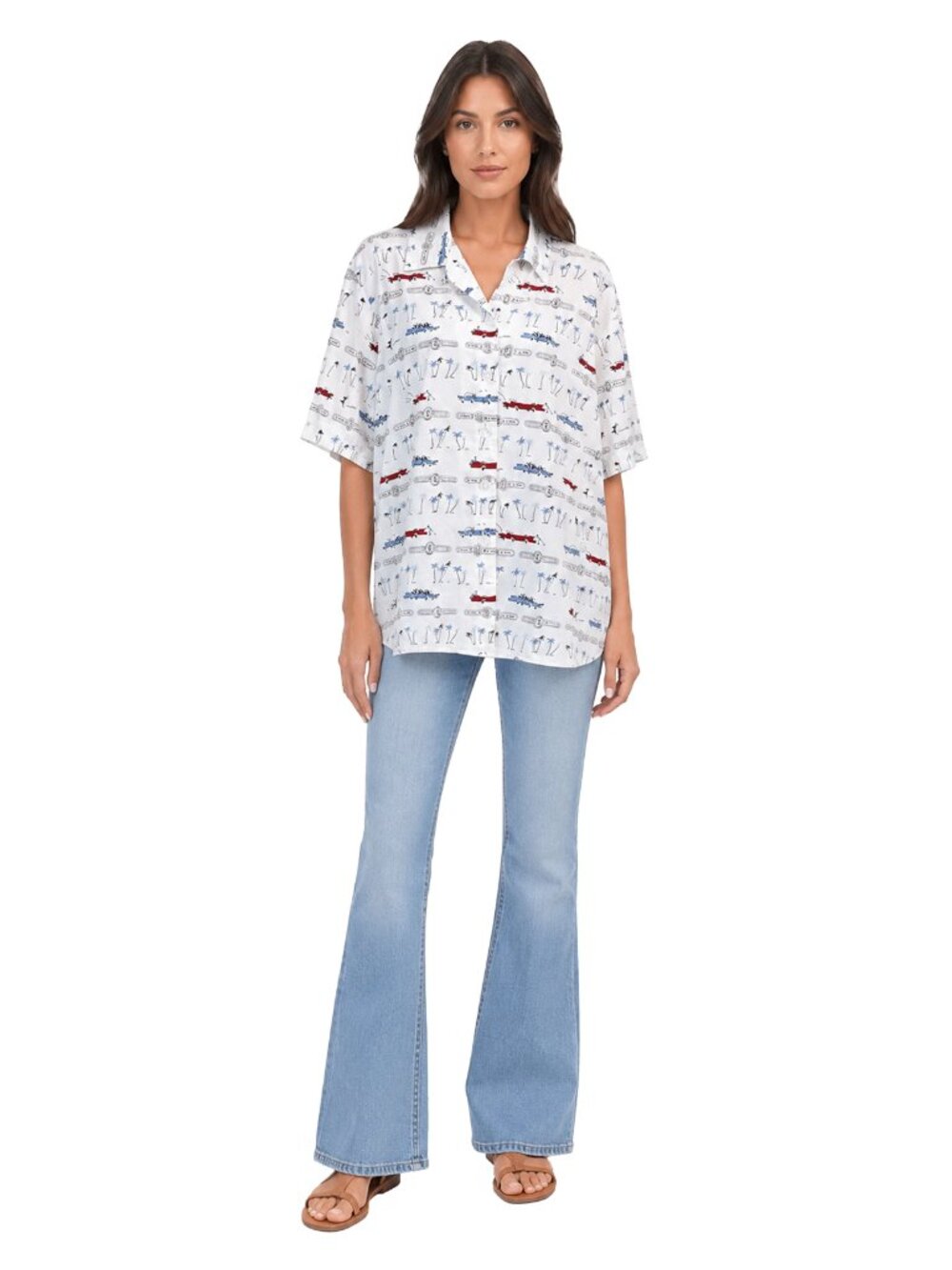 Elisabeth by Liz Claiborne Size 18 Coastal Car Print Cotton Camp Shirt Vintage!